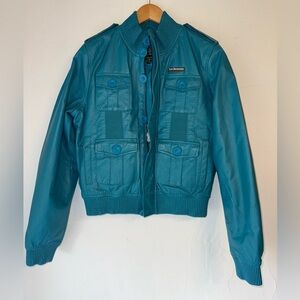 LIVE MECHANICS WELL EST. TEAL/TURQUOISE BLUE LEATHER BOMBER JACKET. SZ 2XL